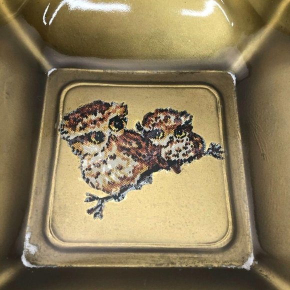 Vintage Retro Boho Olive Glass Owl Ashtray Bowl - Picture 2 of 6